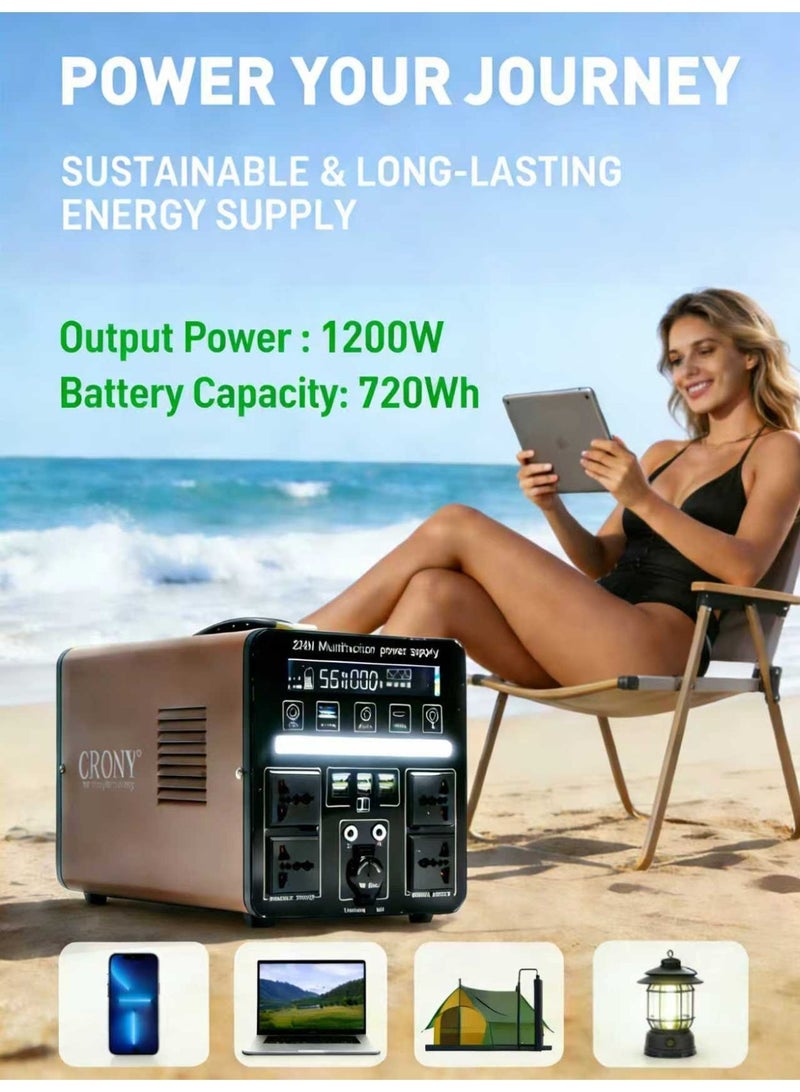 CRONY MP7-1200W Portable Power Station. Outdoor power station with a 720Wh high-capacity battery, 1200W output power, multiple power ports, and a built-in LED screen. Multiple protection features ensure safe use. Generator for Outdoor Camping/RVs/Home Use. - Image 5